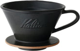 Kalita Mino Ware dripper, sand black, top view shows smooth glaze