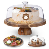 Kanwone Acacia Wood Cake Stand with Dome lid showcases a dessert centerpiece for elegant displays.