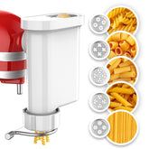 KassunKoch pasta attachment spaghetti plate in action for smooth, restaurant-grade spaghetti at home.