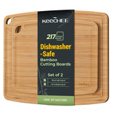 Keechee dishwasher-safe bamboo cutting boards, front view, compact storage and dual-sided design.