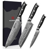 KEEMAKE Damascus 8-inch chef knife blade closeup for precise slicing.