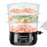 KEENSTAR electric steamer with three-tier trays for batch cooking vegetables and proteins.