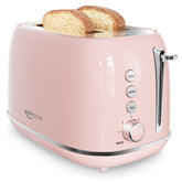 Keenstone 2-slice pink toaster front view with extra wide slots for bagels.