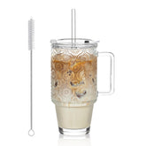 Kemorela 24oz ribbed glass tumbler with lid and straw, front view for stylish, spill-free drinks.