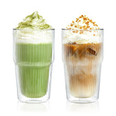 Kemorela iced coffee cups with ribbed double-wall glass design for a stylish, cool drink