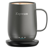 Kepwam T2 self-heating mug showing 3 temperature settings for hot beverages