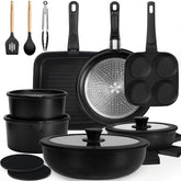 KIKCOIN 24-pack pots and pans set overview with easy food release.