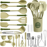 Kikcoin 43Pcs utensils set on a holder for quick countertop access and organization.