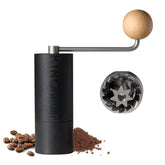 Kingrinder P2 lightweight hand grinder in side view, ideal for travel and moka pot prep.