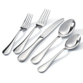 Kingstone teardrop silverware set full collection for eight diners, organized and ready for entertaining.