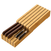 Kiplant knife organizer drawer insert front view keeps knives neatly in bamboo storage.