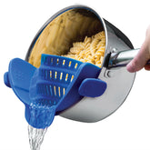 Kitchen Gizmo Snap N' Strain blue clip-on strainer on pot for quick draining