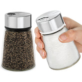Kitchen-GO salt and pepper shaker set with adjustable pour holes for precise seasoning.