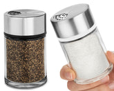 Kitchen-GO salt and pepper shakers in stainless steel with adjustable pour holes for precise seasoning.