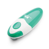 Kitchen Mama teal auto-electric can opener with one-touch operation for hands-free use.