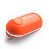 Kitchen Mama Mini orange-handle closeup shows smooth-edge lid opening.