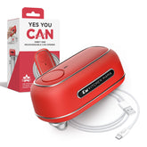 Kitchen Mama Orbit One rechargeable can opener in red front view demonstrates smooth edge safety.