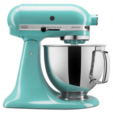 KitchenAid Artisan 5-Qt Tilt-Head Mixer Aqua Sky bowl close-up, stainless steel durability.