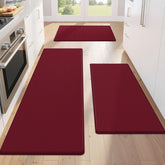 KitchenClouds 3-piece red mats set on kitchen floor offering cushion for long cooking tasks