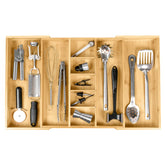 KitchenEdge adjustable bamboo drawer organizer demonstrates wide width for utensils.