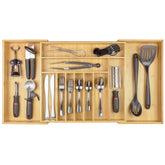 KitchenEdge premium bamboo flatware organizer in a drawer, keeping flatware organized and accessible