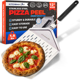 KitchenStar 12-inch perforated pizza peel with folding handle for easy storage and crispy crust.
