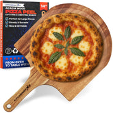KitchenStar acacia pizza peel 14 inch sliding under a pizza for easy oven transfer