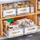 Kitstorack pull-out organizer with adhesive mounts for quick frameless cabinet installation.