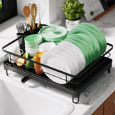 Kitsure dish drying rack on kitchen counter keeps dishes organized and saves space.