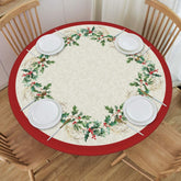 KiuLoam Christmas round tablecloth with winter-green-leaf pattern keeps festive tables neat.