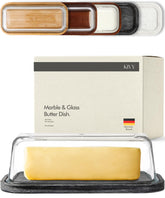KIVY butter dish with black marble and glass lid for stylish countertop storage.