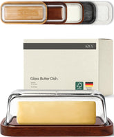 KIVY glass butter dish with airtight lid on countertop, keeps butter fresh.