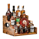KLM 3-tier liquor display shelf showcasing bottles neatly on a retro wooden stand for organized entertaining.
