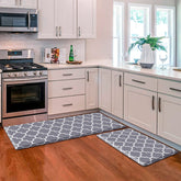 KMAT anti-fatigue mat 2pcs, 17.3x47in, comfortable standing for long kitchen tasks.