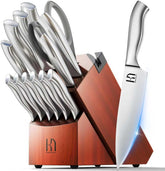 KnifeSaga 14-piece knife-block set close-up showing razor-sharp blades and sturdy block.