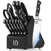 KnifeSaga knife set in block with sharpener for organized storage and easy edge maintenance.