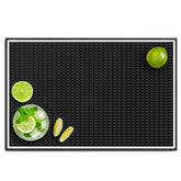 Knot and Style bar mat with white border protects countertops during drinks.