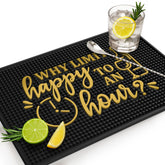 Knot and Style Why Limit Happy Hour bar mat top view shows playful countertop design