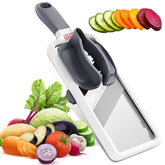 KNS ESSENTIALS Mandoline Slicer with comfort grip delivers precise, uniform slices.