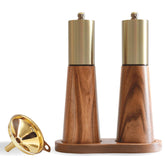 KOCHIRAKOSO gold salt and pepper grinder set on a warm wood base for stylish dining