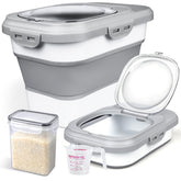 Komzon rice storage container in collapsible mode, optimizing fridge and shelf space.