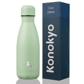 Konokyo 12oz water bottle macaron green front view keeps drinks cold on the go