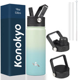 Konokyo 18oz insulated mint bottle with 3 lids keeps beverages at the right temperature on the go.