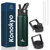 Konokyo 22oz army green bottle with three lids for versatile on-the-go hydration.
