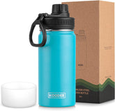 Koodee sky blue kids water bottle side view, durable stainless steel for school days.