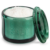 KooK Glass Salt Cellar with emerald lid on countertop for quick seasoning