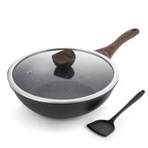 Kordisen 12-inch nonstick wok with lid showing granite coating for even heat and easy release.
