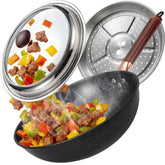 Kseroo twelve-and-a-half-inch carbon steel wok with lid, ideal for quick stir-fries and steaming.