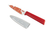 Kuhn Rikon Colori+ 4-inch serrated tomato knife on a cutting board for precise tomato slices