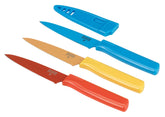 Kuhn Rikon COLORI straight paring knife with red handle for precise peeling and trimming.